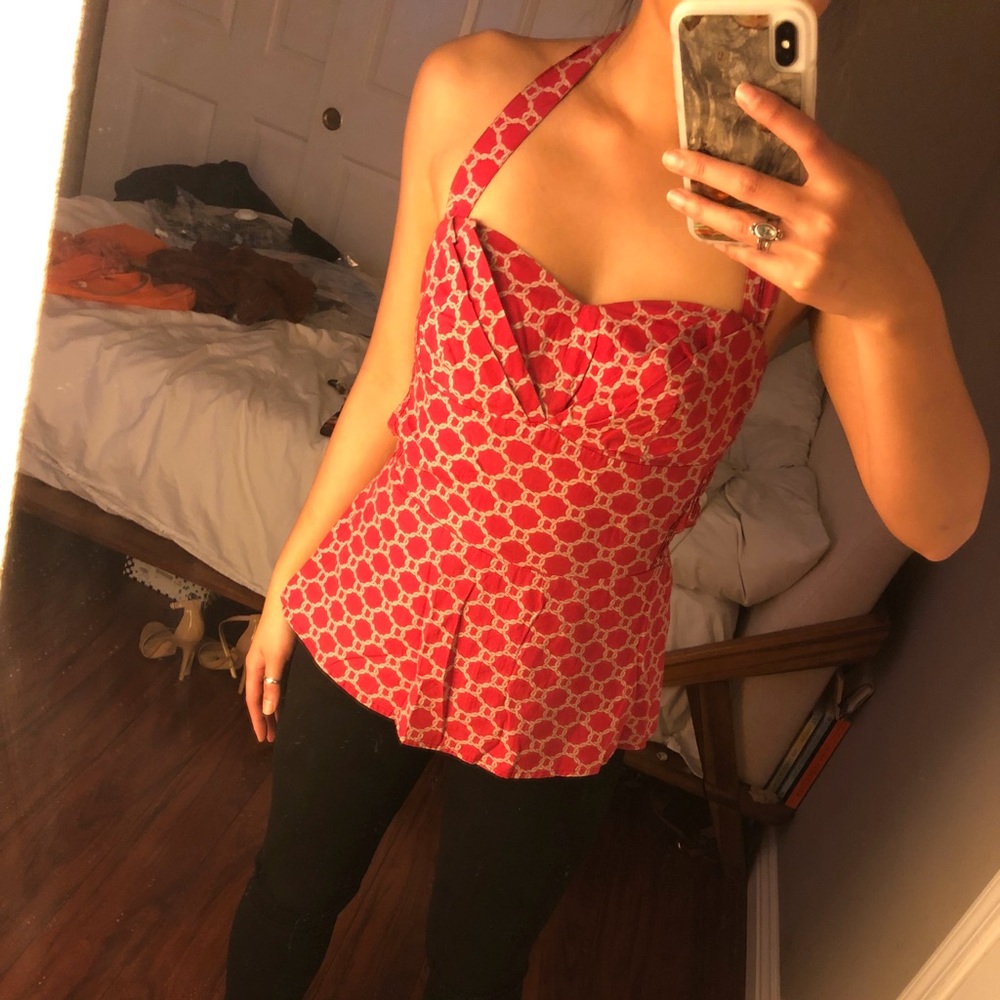 Anthropologie Red Cherry Drop Corset Halter Top
